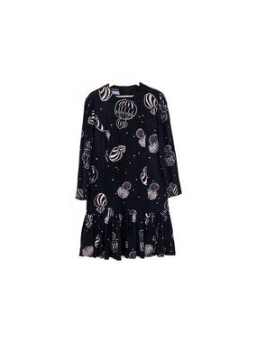 Vtg Louis Feraud Dress US 14 Black Cream Perfume Bottles Graphic Drop Waist Mod
